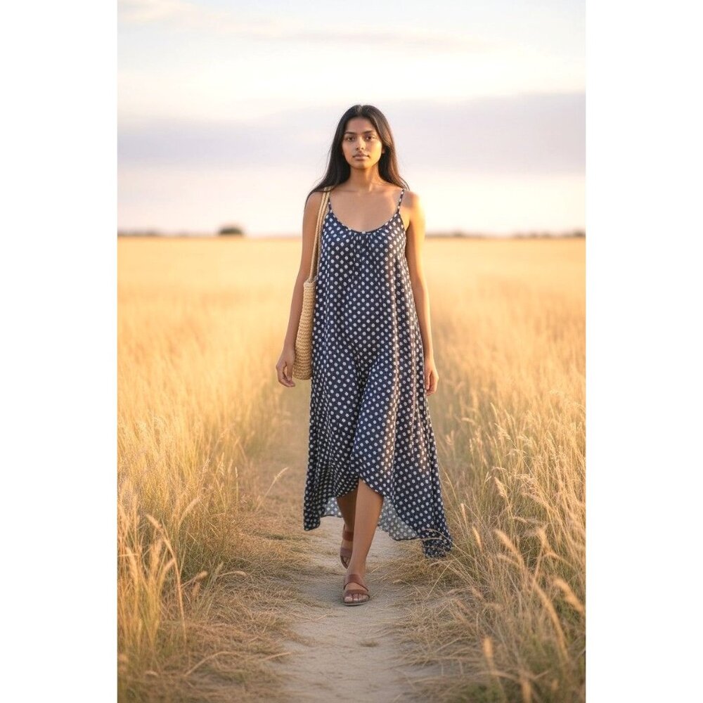 Vintage Lagenlook Polka Dot Cami Dress Flowy Summer Slip Asymmetrical Cottage M